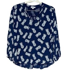 LOFT pineapple pattern pullover top navy blue white lightweight long sleeve XL